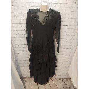 Black Tie VINTAGE Women's Size 8 Black Silk & Chiffon with Appliques Maxi Dress